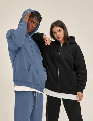 Flygo Mens Zip Up Hoodies Oversized Fleece Long Sleeve Drop Shoulder Hooded Sweatshirt Trendy Vintage Streetwear4