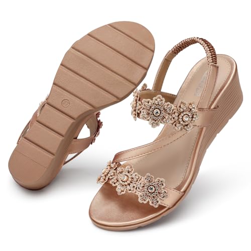Image of SHIBEVER Wedge Sandals for Women Dressy: Summer Open Toe Low Platform Wedges Sandals Elastic Ankle Strap Flower Comfortable Casual Shoes