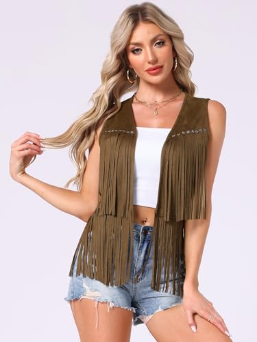 Image of Allegra K Women's Fringe Top Vest Open Front Western 70s Outfits Faux Suede Tassel Cardigan
