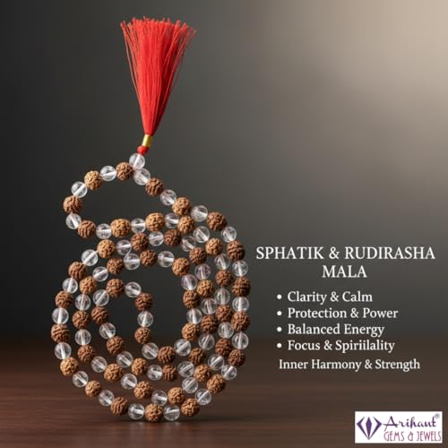 Image of Arihant Gems and Jewels Sphatik /Crystal Jaap Mala for Pooja (54+1 Beads) | Natural & Certified | Astrological Beads with Positive Effect | Unisex Both for Men & Women (Sphatik and Rudraksha Mala)