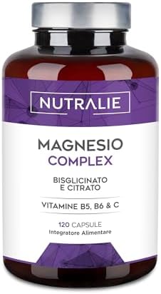 Magnesio Bisglicinato + Citrato 2145mg - Vitamine B5, B6 e C - Stanchezza e Fatica - Magnesio Completo con Calcio - 120 Capsule Vegane Magnesio Complex Nutralie
