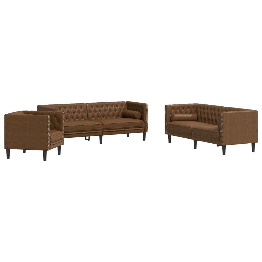Set 3 Divani Chesterfield in Similpelle Scamosciata Marrone