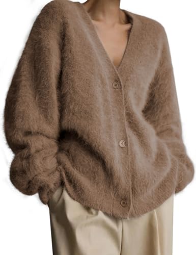 Fuzzy Cardigan Sweaters for Women V Neck Button Down Fluffy Knit Sweater Long Sleeve Cardigan Sweater Coat 2025