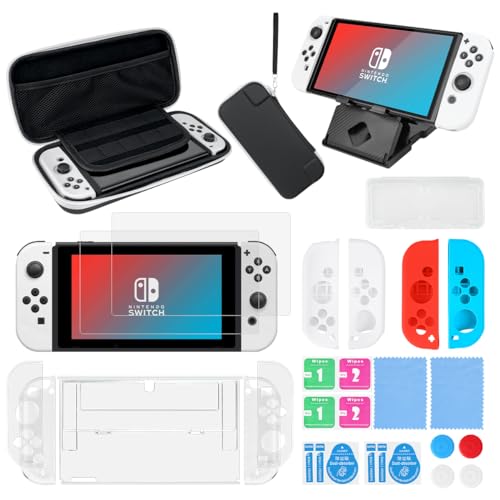 27 en 1 Kit de Accesorios para Nintendo Switch OLED, Funda para Nintendo Switch con Cartucho de Juego, 2 Protector de Pantalla, Carcasa de Silicona y Plastico, Tapas para Joystick, Soporte Ajustable