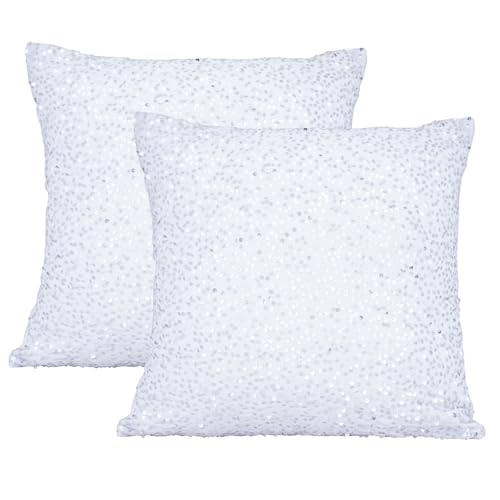 SquarePie Sequin Velvet Throw Pillow Covers 18x18 Inch Set of 2 White Sparkling Glitzy Cushion Covers Decorative Pillow Cases for Couch Sofa Living Room Home Party Decor