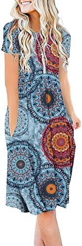 DB MOON Women Summer Casual Short Sleeve Dresses Empire Waist Dress with Pockets (Flower Mix Blue, L)