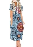 DB MOON Women Summer Casual Short Sleeve Dresses Empire Waist Dress with Pockets (Flower Mix Blue, L