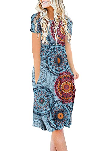 Db Moon Women Summer Casual Short Sleeve Dresses Empire Waist Dress With Pockets (Flower Mix Blue, L) #TOP4