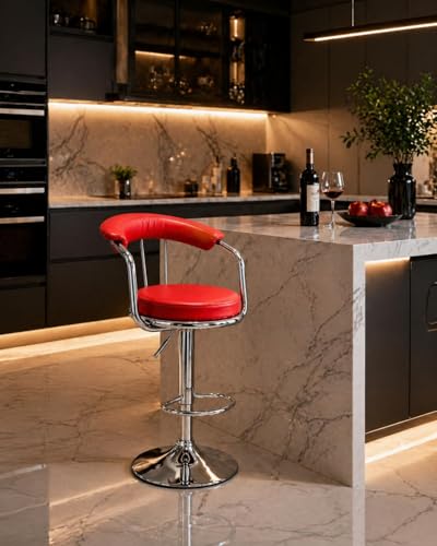 Image of Kemon Modern Adjustable Swivel Bar Stool Chair with Backrest, PU Leather Hydraulic Counter Stool with Footrest for Kitchen Island, Cafe & Home Bar (1, Red, Round Barrel Stool)