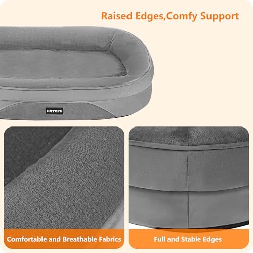 HMTOPE Orthopädisches Hundebett, Hundesofa, Vierseitiges Nackenrolle Kissen, rutschfeste Unterseite Hundekorb, Abnehmbar und Waschbar, Kleine Hunde, Mittelgroße Hunde, 90 x 71 x 15 cm, Mittelgrau
