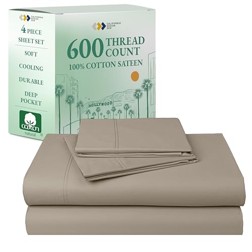 California Design Den California King Sheet Set - 100% Cotton, 600 Thread Count Deep Pocket Cal King Sheet Set, Luxury Soft Hotel-Quality Sheets with Sateen Weave (Cool Taupe)