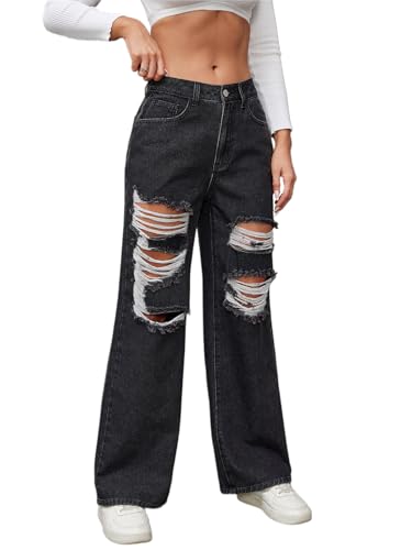 Jeans for Women Mid Waisted Wide Leg Distressed Ripped Denim Pants Woman's Black Jeans with Pockets