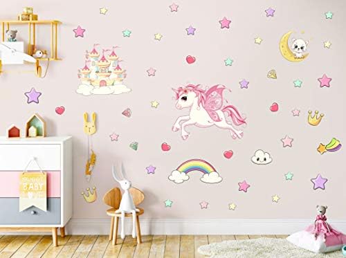 Unicorn Wall Stickers Glow in the Dark Stars Stickers for Ceiling, Cute Glowing Moon Luminous Star Castle Cat Decals Sticker for Girls Bedroom Living Room Decorations