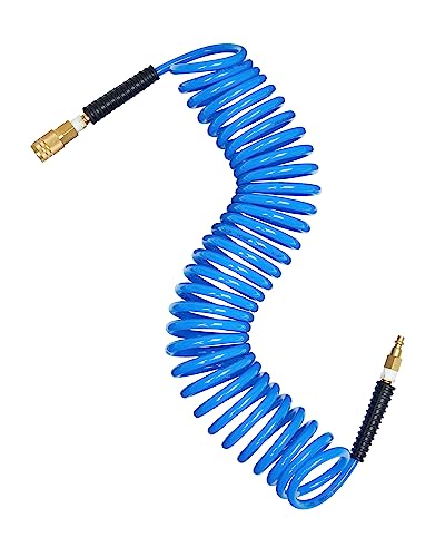 DEWENWILS 1/4 in x 25ft Polyurethane Recoil Air Hose with Fittings Compressor Hose and Bend Restrictor with 1/4 in Industrial NPT Coupler and Plug Kit, Wear Resistant PU Air Hose, Blue