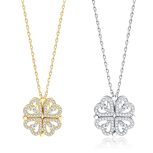 925 Sterling Silver Four Leaf Clover Necklace, 2 in 1 Four-Leaf Heart Shape Necklace, Diamond Heart Necklace That Turns into a Four Leaf Clover, Clavicle Chain Pendant Gift for Women (Gold+Silver)