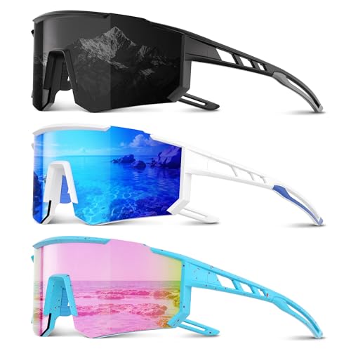 3 Pack Polarized Sports Sunglasses Men Women, Running Mens Sunglasses UV Protection for Baseball Cycling Fishing A04-ice Blue/Grey/Pink Green