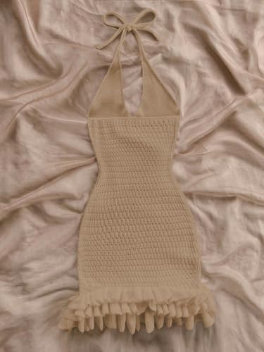 Image of GORGLITTER Women's Vacation Outfit Crochet Halter Knit Bubble Mini Dress Sexy Beach Cruise Summer Miami Resort Outfits