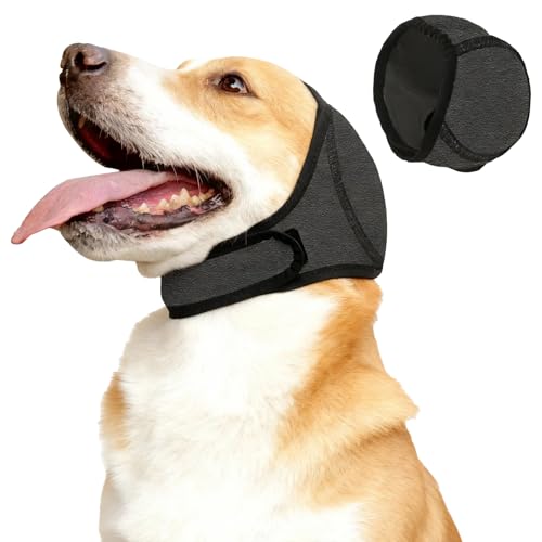 Schutzkappe für Hunde, Lärmschutz-Ohrschützer Schwarz, Verstellbarer Geräuschreduzierer, Beruhigendes Zubehör für Fellpflege und Feuerwerke, Größe S