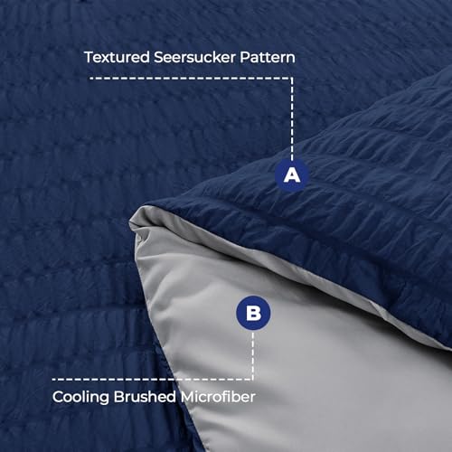 Image of HYMOKEGE Navy Blue /Light Grey Full Size Comforter Sets Seersucker 7 Pieces, All Season Luxury Bed in a Bag for Bedroom, Bedding Set with Comforter, Sheets, Pillowcases & Shams