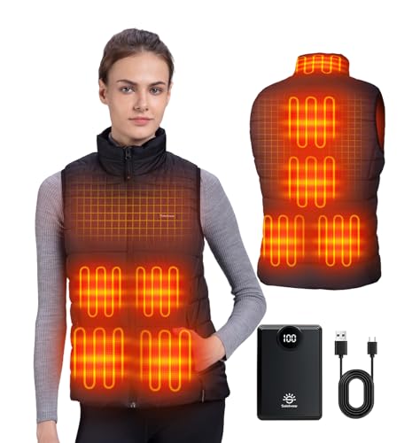 Soleilwear Heated Vest Women, 9 Heating Zones with 12000mAh Battery Pack, Rechargeable Heating Vest with 3 Temperature Settings for Indoor Outdoor Motorcycle Hunting Camping Cycling Work