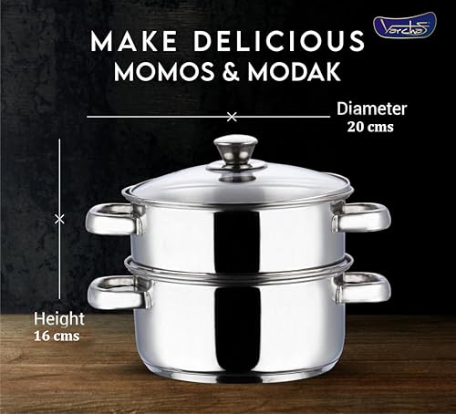 Image of VARCHAS Stainless Steel 2 Tier Momo Steamer 20cm Diameter with Glass Lid and Riveted Handles | Multi Purpose | Induction Bottom and Gas Base | Silver
