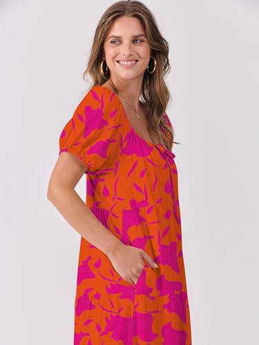 Image of ANRABESS Women's Boho Maxi Dresses 2025 Summer Casual Floral Puff Short Sleeve Tie Front Flowy Swing Tiered Long Beach Dress