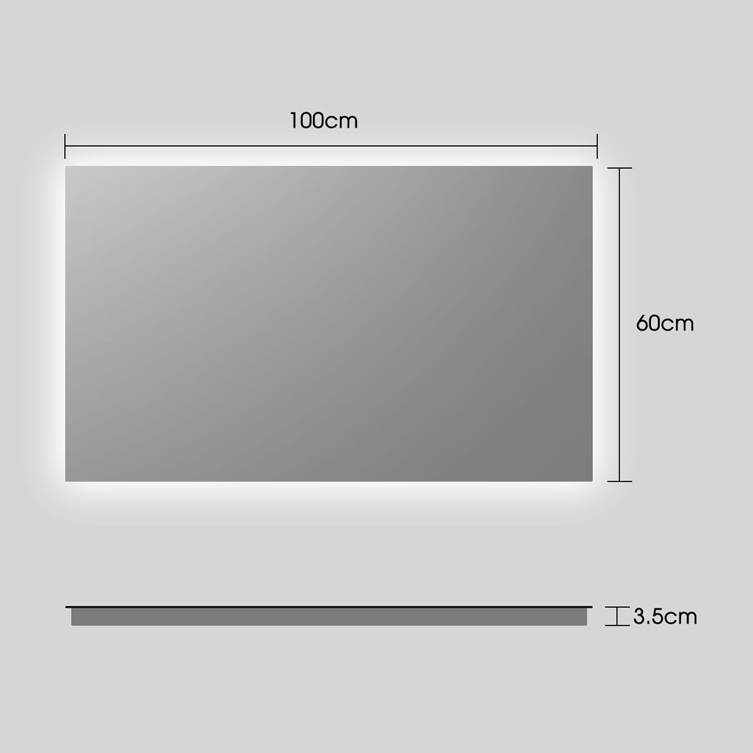 Diagram showing the dimensions of the BYECOLD Heated Mirror: 100cm width, 60cm height, and 3.5cm depth.