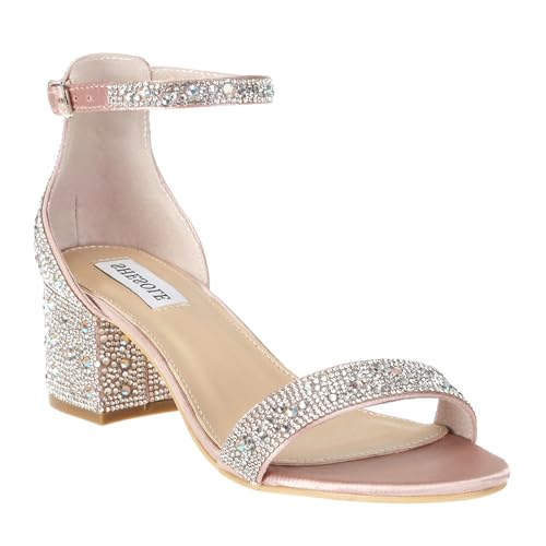 Sparkly Sandals Women Rhinestone Heels Wedding Shoes for Bride Low Block Strappy Heels Gold Glitter