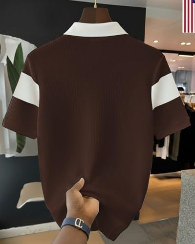 Image of AUSK Men's Cotton Rich Striped Polo Tshirt | Zip Collar Tshirts | Half Sleeves | Regular Fit T-Shirt for Mens Brown