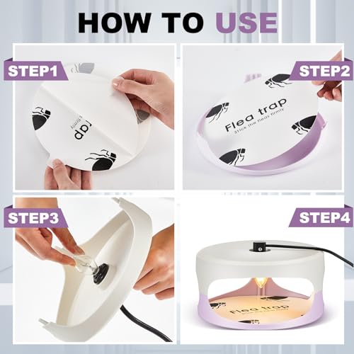 Kittmip 4 Pieces Flea Traps with 8 Sticky Disc 12 Bulbs 4 Electric Wires Flea Traps for Inside Your Home Safe Flea Light Trap for Indoor Safe to Pets(White, Purple)