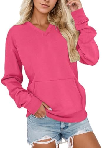 TRCELECTROP Women's Sweatshirts V Neck Long Sleeve Casual Fleece Pullover Tops Fall Fashion Oversized Sweatshirt with Pockets