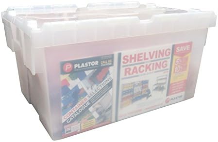 Plastor 10 x Clear Plastic 55 Litre Heavy Duty Storage Boxes (60 x 40 x 30.6cm) Transparent Crates with Attached Hinged Lids