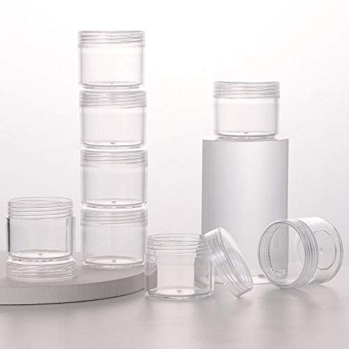 Refillable Cosmetic Sample Jars - 100 Pack 20g (0.7oz) Clear Small Travel Containers with Lids + 10 Mini Makeup Spatulas - BPA Free