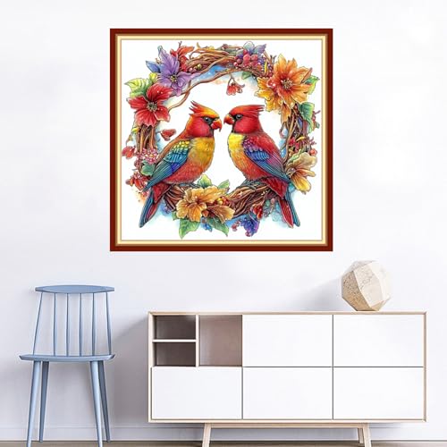 Image of Joyhoor Cross Stitch Kits for Beginners Stamped Cross-Stitch Supplies Needlework preprint Embroidery Kits for Adults DIY Needlepoint Kits Embroidery Patterns 11CT-Flower Garland Bird 18x18 inchs
