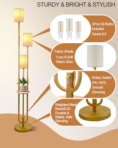 Image of Lightdot 64Inch Floor Lamp with Table Dimmable Gold Floor Lamp for Living Room 3 Lights Mid Century Modern Tall Standing Lamp with Fabric Shade for Bedroom /Sofa Beside /Corner Decor(Bulbs Included)