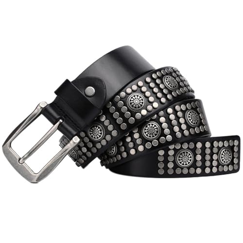 Studded Belt for Men Women Leather Strap with Shiny Silver Flower Shape Circle and Metal Studs Punk Rock Round Rivets