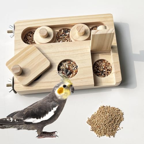 FlidRunest Wooden Bird Foraging Puzzle Toys for Parrots, Parakeet, Cockatiel, Sun Conures - Birds Interactive Mental Enrichment Toy, B ird Seed Slow Feeder Toy for Cage