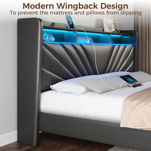 Image of Rolanstar King Size Bed Frame, Storage Headboard with Charging Station and LED Lights, Upholstered Bed with Heavy Duty Wood Slats, No Box Spring Needed, Noise Free, Easy Assembly, Black