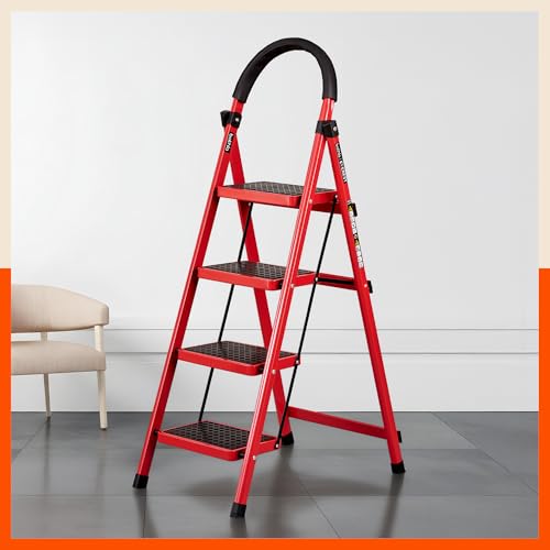 Image of Bathla Everest 4-Step Steel Ladder with Safety Hand Grip | Anti-Skid Wide Steps (30L x 20W cm) | Lightweight, Foldable Ladder for Home & Office | 150Kg Load Capacity | 2 Year Warranty (Red)