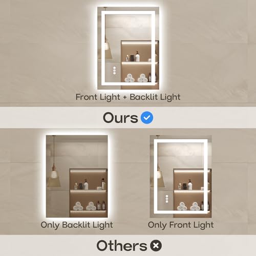 USHOWER LED Bathroom Mirror 24x32 Inch Tempered Glass - Frameless LED Backlit Lighted Mirror for Bathroom Vanity with Anti-Fog, 3 Colors Dimmable, Memory Function, Wall-Mounted - Image 4