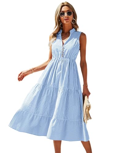 Floerns Women's Striped Print Notched Neck Sleeveless Ruffle A Line Midi Dress