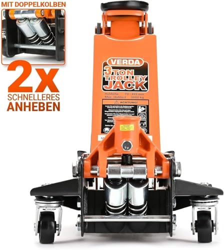 Verda Wagenheber hydraulisch 3T Hubhöhe 75-515 mm, 2X Gummi, mit Schmiernippel, Doppelpumpsystem...