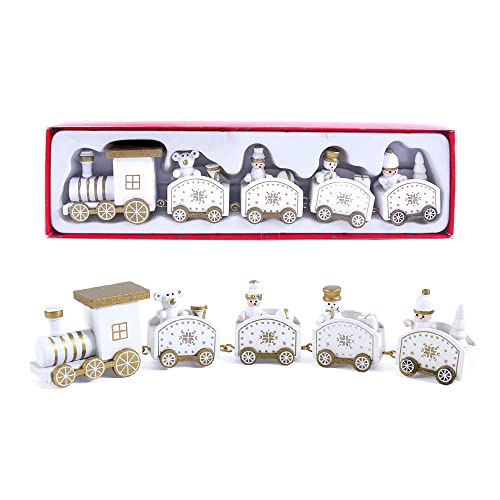 Image of Lifreer Christmas Train Decorations, 1 Pack Wooden Christmas Trains Set Mini Caravan Train with 4 Carriages for Xmas Decorations and Gifts, Xmas Ornaments (White)