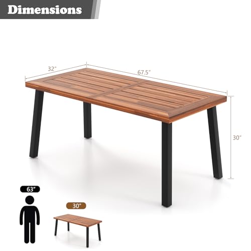 Image of Giantex Patio Dining Table with Umbrella Hole, Outdoor Picnic Table for Backyard, Garden, Lawn, Farmhouse, Acacia Wood Rectangular Table with Metal Legs, Rustic Brown