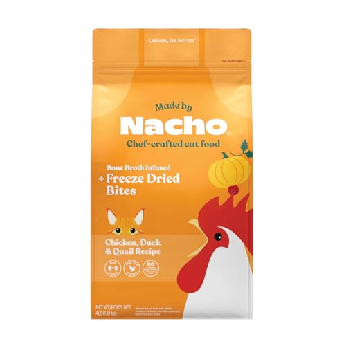 Made by Nacho Dry Cat Kibble 4lb Bag High Protein Premium Cat Food with Freeze Dried Pieces Cage-Free Chicken & Duck Limited Ingredients Single Bag