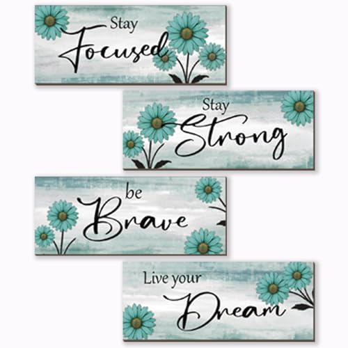 ZONWUTHY 4 Pcs Farmhouse Bathroom Decor Teal Bathroom Wall Decor Abstract Flowers Wall Sign Rustic Inspirational Wood Decorative Accessories For Bedroom Kitchen Office Decoration(10 x 4 Inches, Teal)