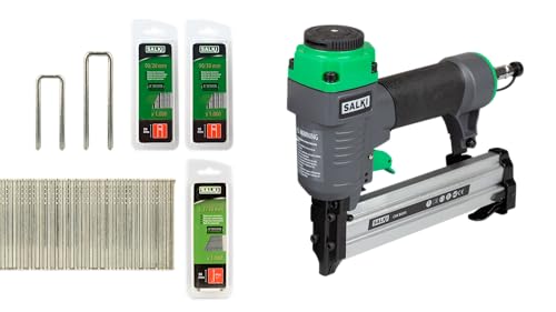 SALKI | Pack Clavadora/Grapadora CSK BG90 + Grapa 90-30mm + Brad AX 30mm y Grapa 90-20 mm | Pistola de clavos neumática y Grapadora Neumática | Perfecta para Carpintería, Ebanistería y Bricolaje