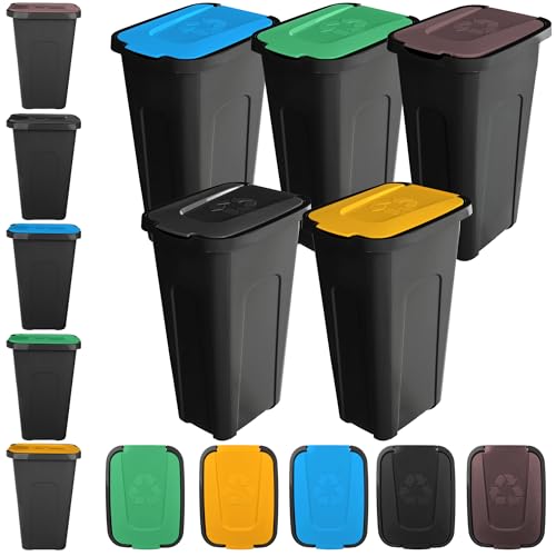 KADAX Set di pattumiere per la raccolta dei rifiuti, 5 x 30 l, set di pattumiere per sistema di raccolta differenziata, pattumiera in plastica con coperchio ribaltabile (5, tutti i colori del