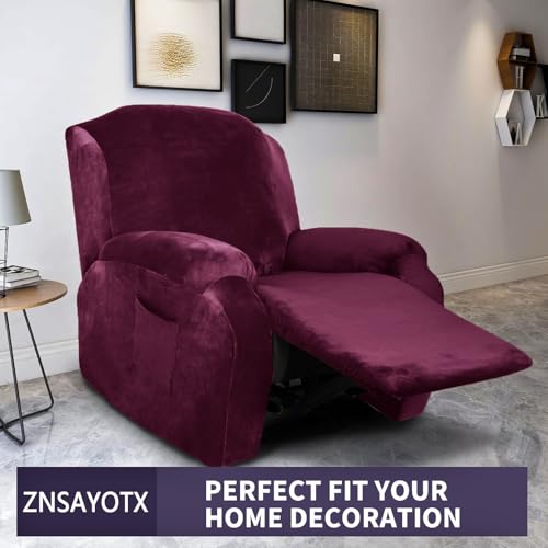 Image of ZNSAYOTX Stretch Velvet Recliner Cover 4-Pieces, Thick Soft Recliner Chair Slipcover with Pocket, Non-Slip Elastic Bottom for Kids Pets, Luxury Plush Reclining Protector Comfy Washable (Wine Red)