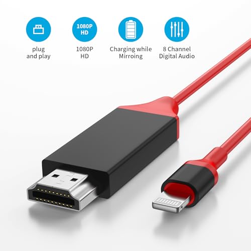 [Apple MFi Certified] Lightning to HDMI Adapter for iPhone,1080P Sync Screen Lightning Digital AV Adapter HDTV Cord Compatible with iPhone/iPad to TV Projector Monitor No Need Power Supply-6.6ft/Red - Thumbnail 2